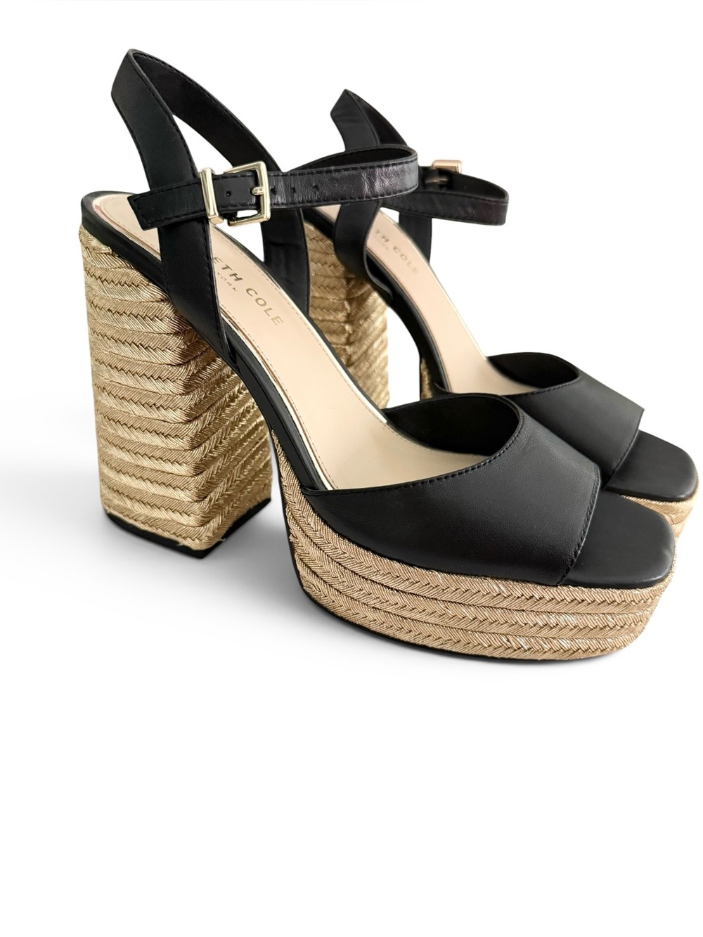 Kenneth Cole Leather Dolly Platform Sandals Metallic Gold Raffia Block heel